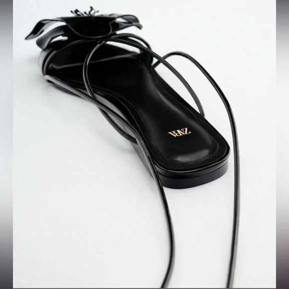 Zara maxi flower lace up patent leather flat sandals